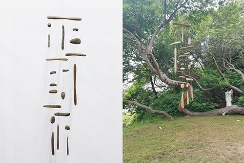 (left) "Tower Mobile"   Driftwood mobile maquette   2017     <br />(right) "Elm Tower Mobile"   Carved elm wood mobile   2017