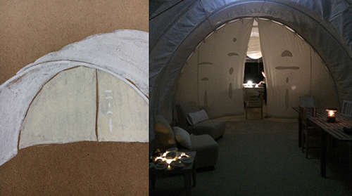 (left) Handmade applique quonset hut noren rendering   2016 <br>(right) Desert Pearl Cantina and Sculpture Garden Theme Camp   Burning Man, Nevada Desert