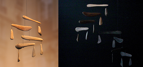 (left) "Mini"   Driftwood and string   4"x4"   2010     <br />(right) Driftwood and steel mini mobiles   Oakland studio   2013