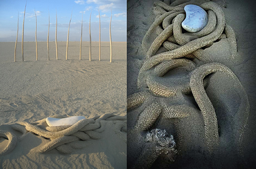 (left) "Onward and Chi"   Yule marble, rope, preserved agave and rebar   180"x15"x480"   2007 <br />(right) After dust storm   Burning Man   2007