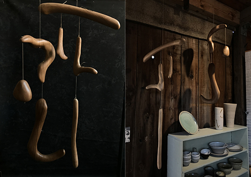 (left) Brutal Mobiles   Carved elm wood and oak wood and Dutch hemp rope     <br>(right) Bolinas Open Studio   2019